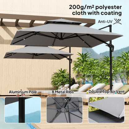 3 x 3(m) Cantilever Parasol with Aluminium Frame, Crank and Tilt, 360-Degree Rotation, Double Top Garden Umbrella