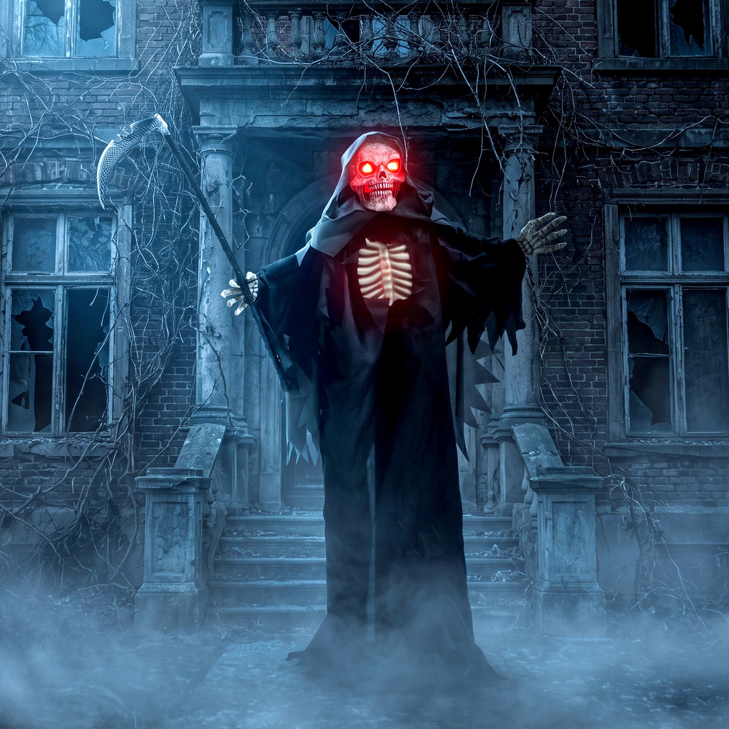 170cm Life Size Animated Grim Reaper Halloween Decoration, Scary Halloween Animatronics Decor with Sound Touch Activated
