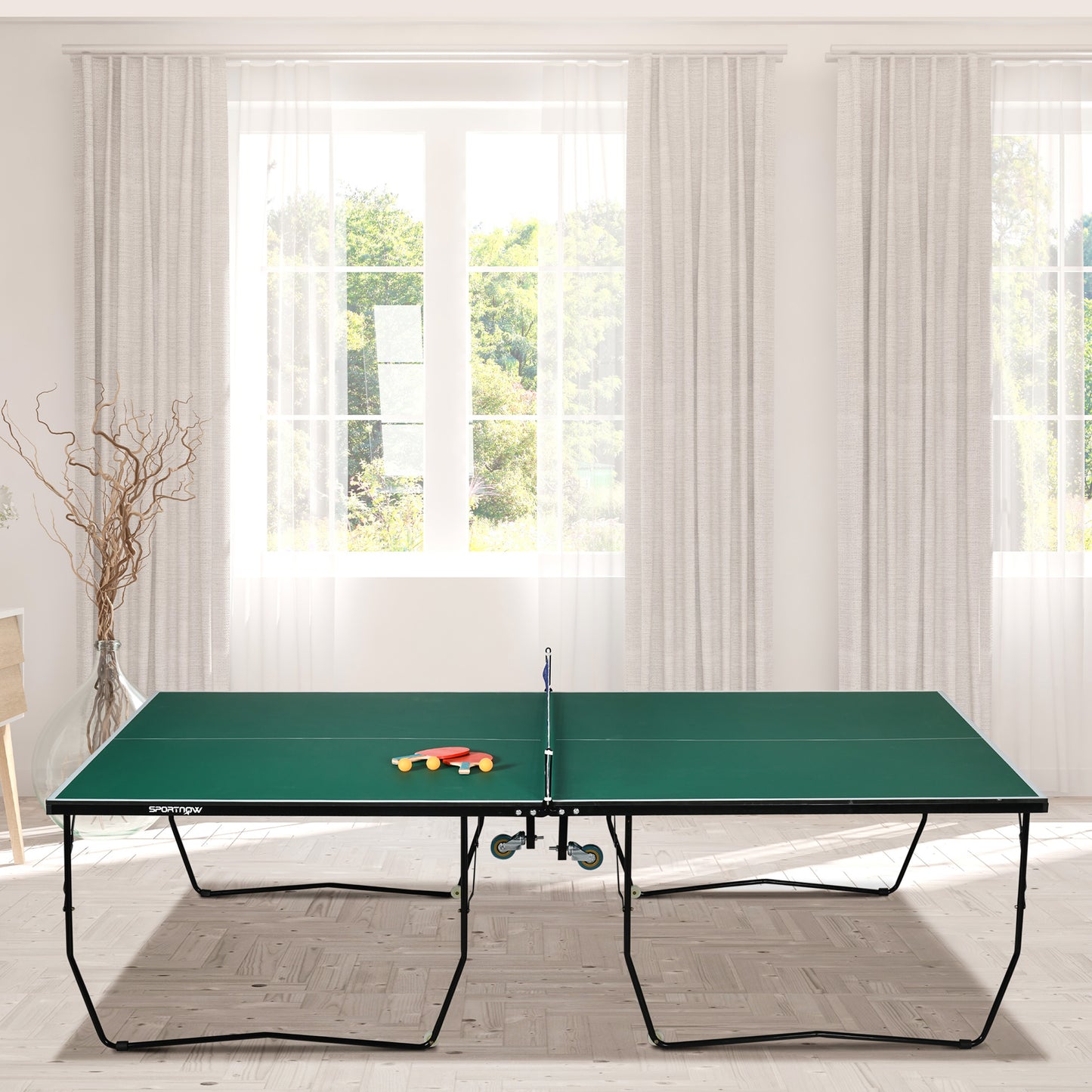9FT Folding Tennis Table, with 8 Wheels, for Indoor Use, Green