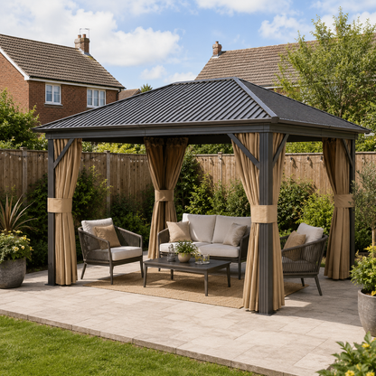 3.6 x 3 m Aluminium Hardtop Gazebo, with Accessories - Brown