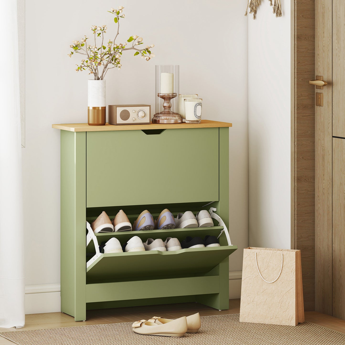 Slim Shoe Cabinet, Narrow Shoe Cupboard with 2 Flip Drawers, Adjustable Shelves for 12 Pairs of Shoes, Green