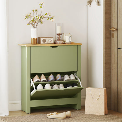 Slim Shoe Cabinet, Narrow Shoe Cupboard with 2 Flip Drawers, Adjustable Shelves for 12 Pairs of Shoes, Green