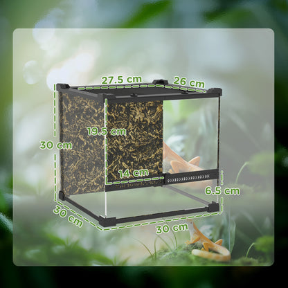 Reptile Glass Terrarium with Stone Background, Front Ventilation, Escape-Proof Knob Lock, 30 x 30 x 30 cm, Black