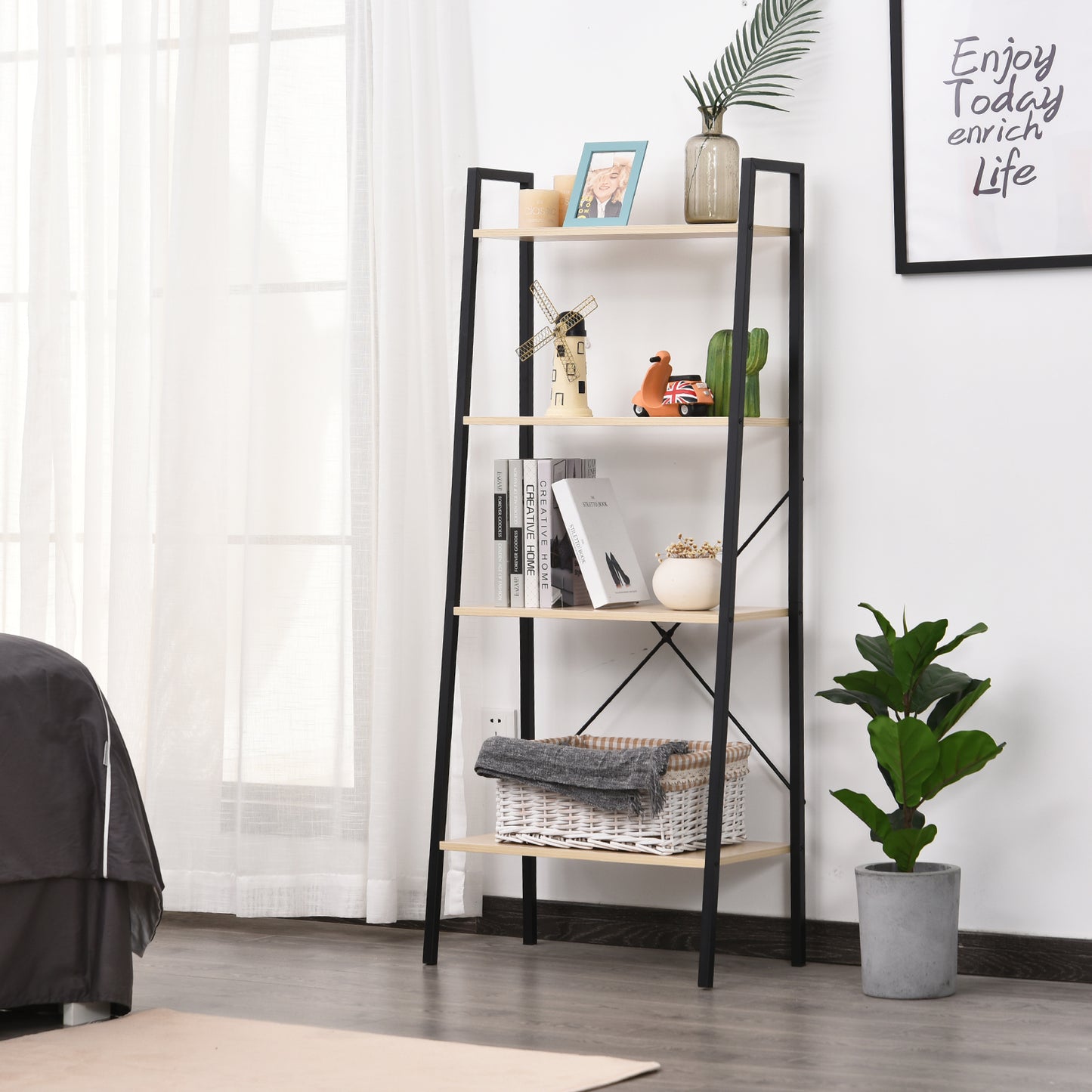 4-Tier Industrial Ladder Shelf – Oak & Black