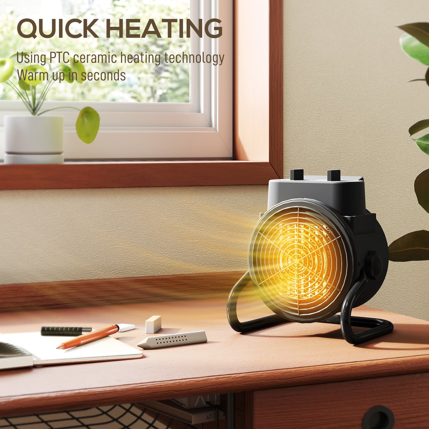 2000W Portable Ceramic Electric Heater with Fan - Black