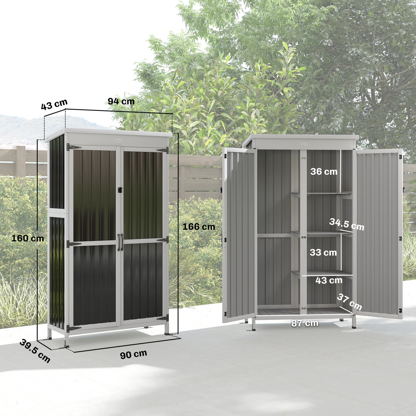 Outdoor Storage Cabinet with Removable Shelves, Garden Tool Shed with Asphalt Roof, White and Black