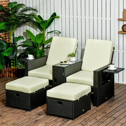 5PC PE Rattan Sun Lounger, Outdoor Wicker 5-level Adjustable Recliner Sofa Bed with Storage Side Table and Footstools