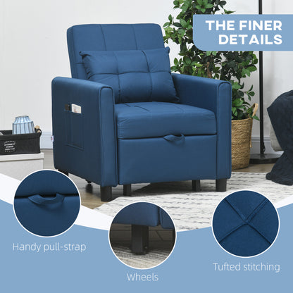 Linen-Look Single Chair Bed with Thick Padding - Blue