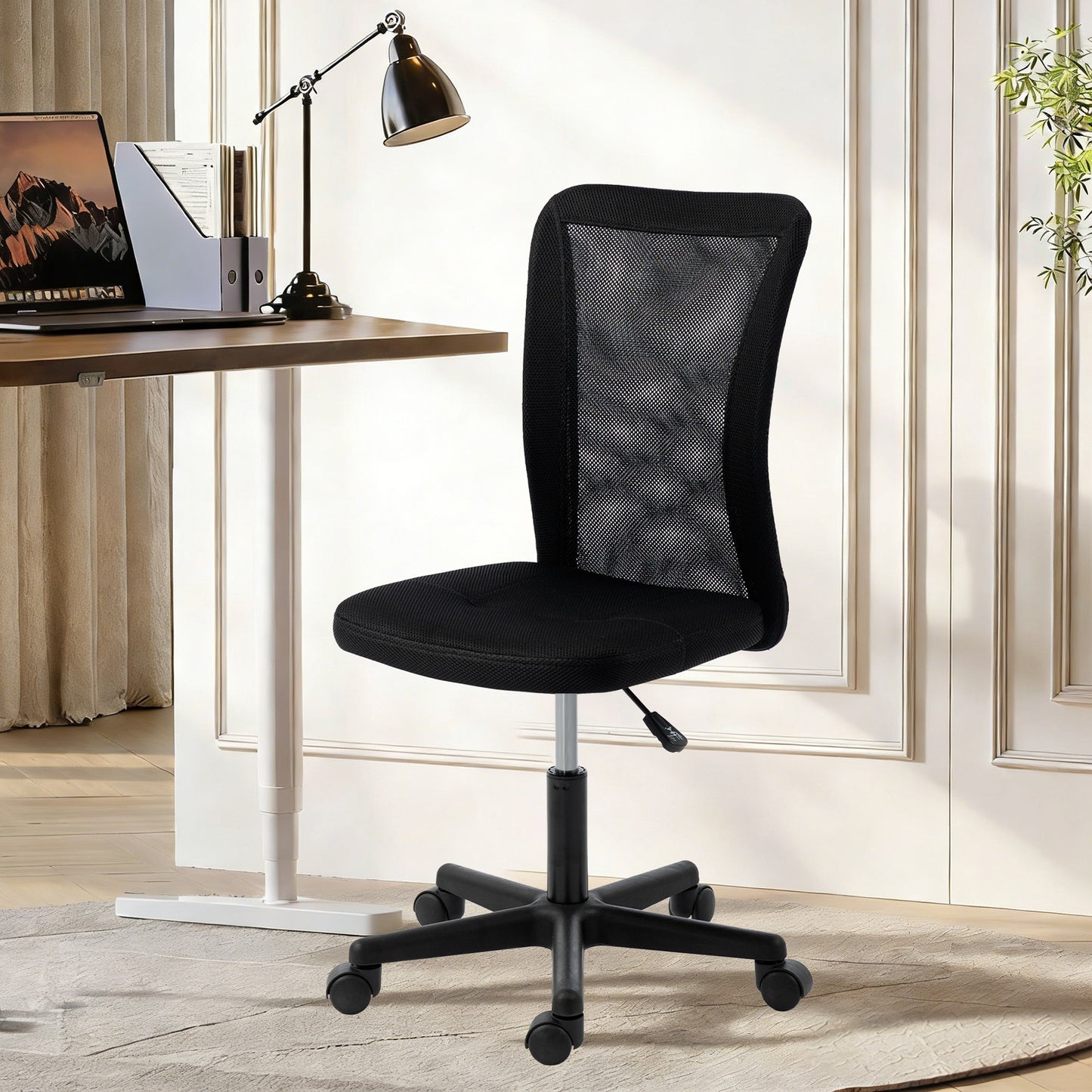 Computer Desk Chair, Armless Mesh Office Chair with Adjustable Height and Rolling Wheels, Black