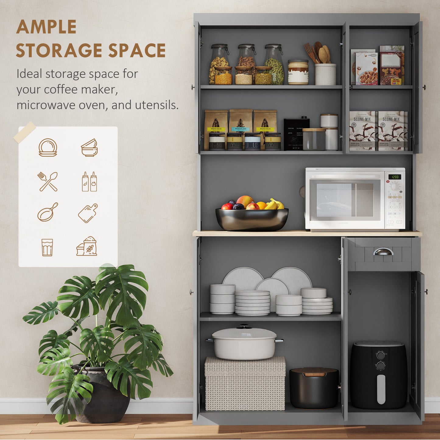 180cm Freestanding Kitchen Cabinet, Modern Storage Cupboard with Open Countertop, Drawer and 6 Doors, Grey