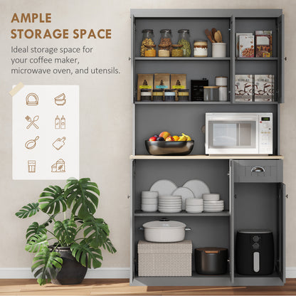 180cm Freestanding Kitchen Cabinet, Modern Storage Cupboard with Open Countertop, Drawer and 6 Doors, Grey