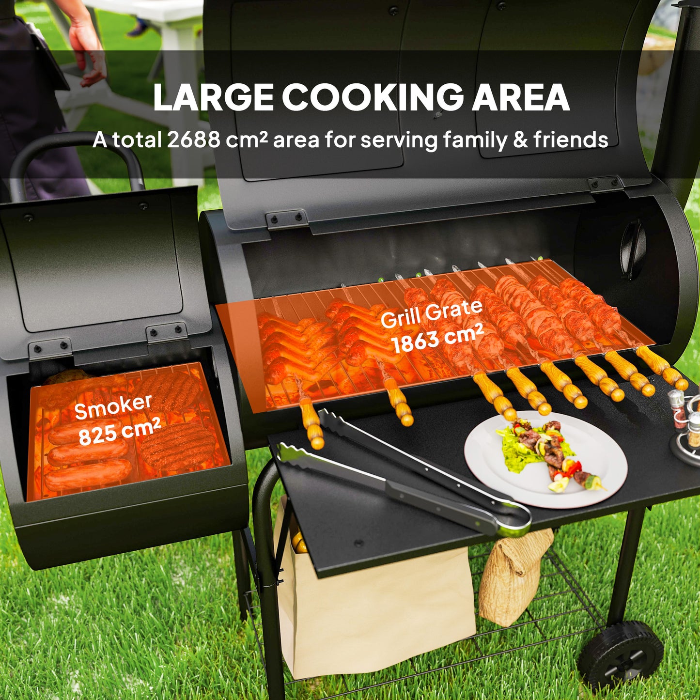 Barbecue Grill Portable Outdoor Charcoal BBQ Grill with Offset Smoker 109 x 60 x 120 cm Black