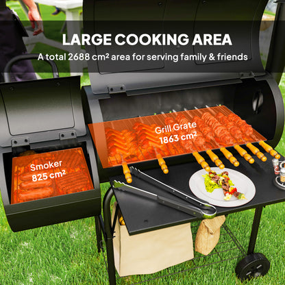 Barbecue Grill Portable Outdoor Charcoal BBQ Grill with Offset Smoker 109 x 60 x 120 cm Black