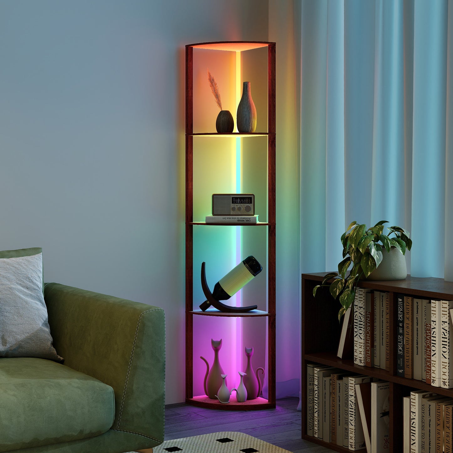 RGB Standing Lamp with Shelves, 4-Tier LED Floor Lamp with Multiple Lighting Modes, Brown
