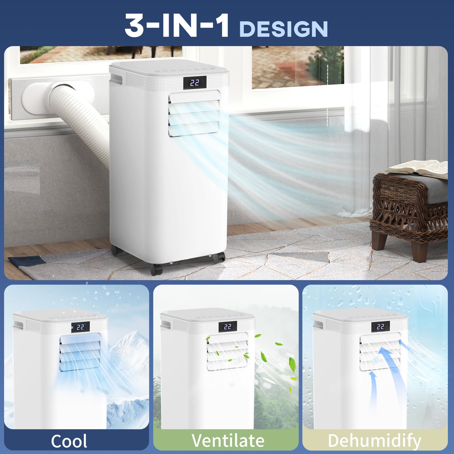 8000 BTU Air Conditioning Unit, 3-in-1 Portable Air Conditioner, Dehumidifier, Cooling Fan with Remote Control