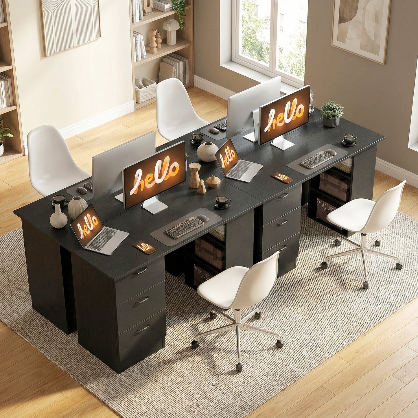Computer Desk, Writing Table, PC Workstation with 3 Storage Shelves and Drawers, Handle, for Home Office, Black