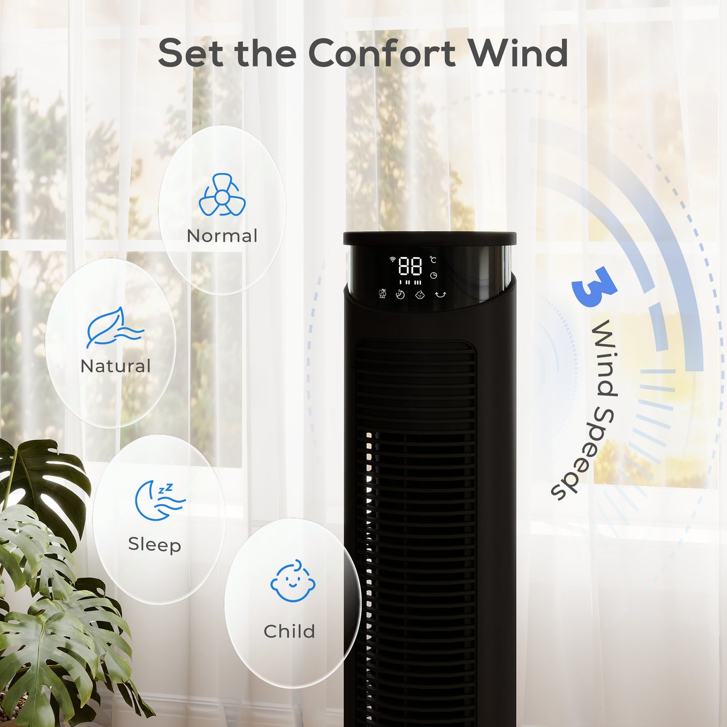 Tower Fan with WiFi Control Standing Floor Fan with Remote Control 116 cm Black