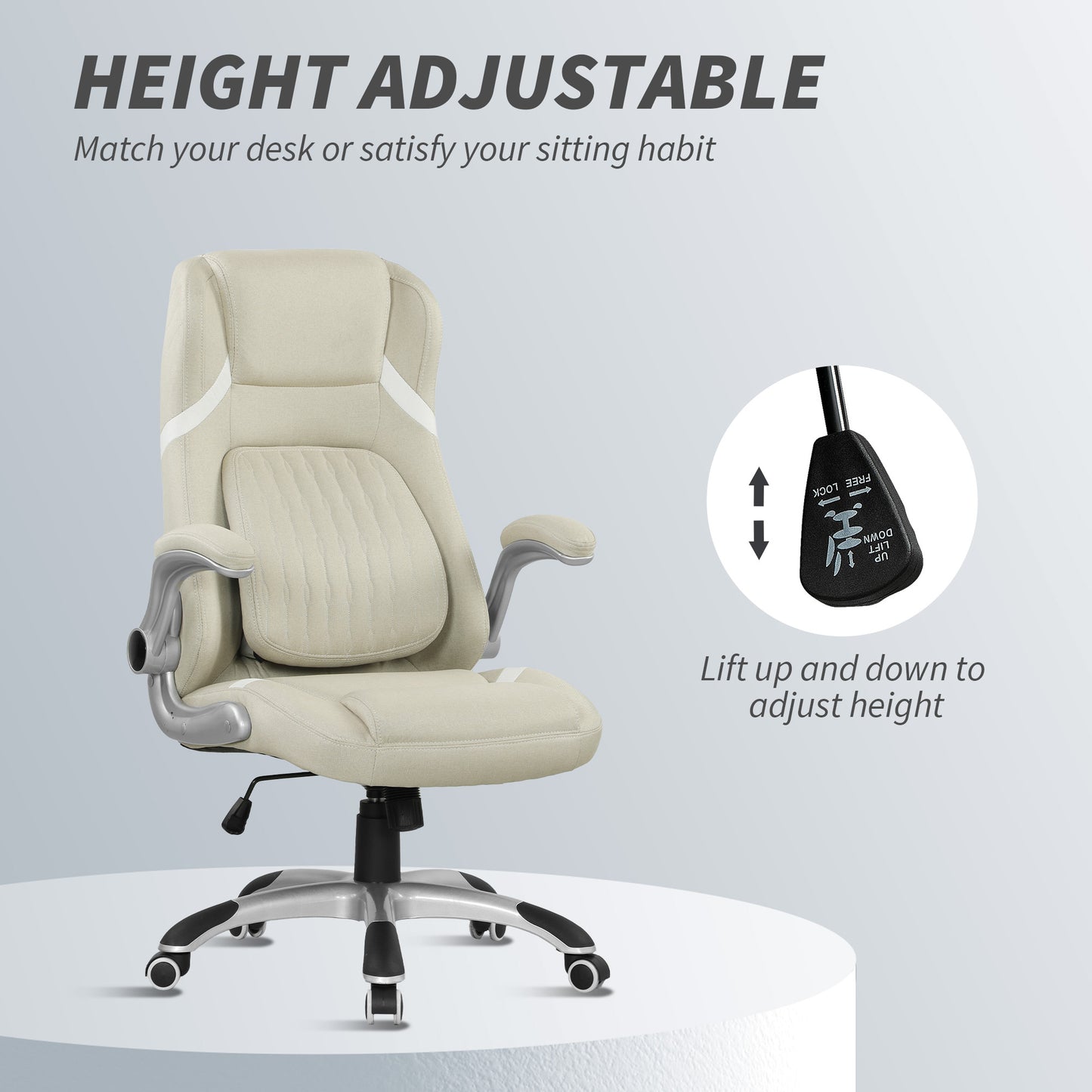Linen-Look Office Chair, with Adjustable Height and Tension - Beige