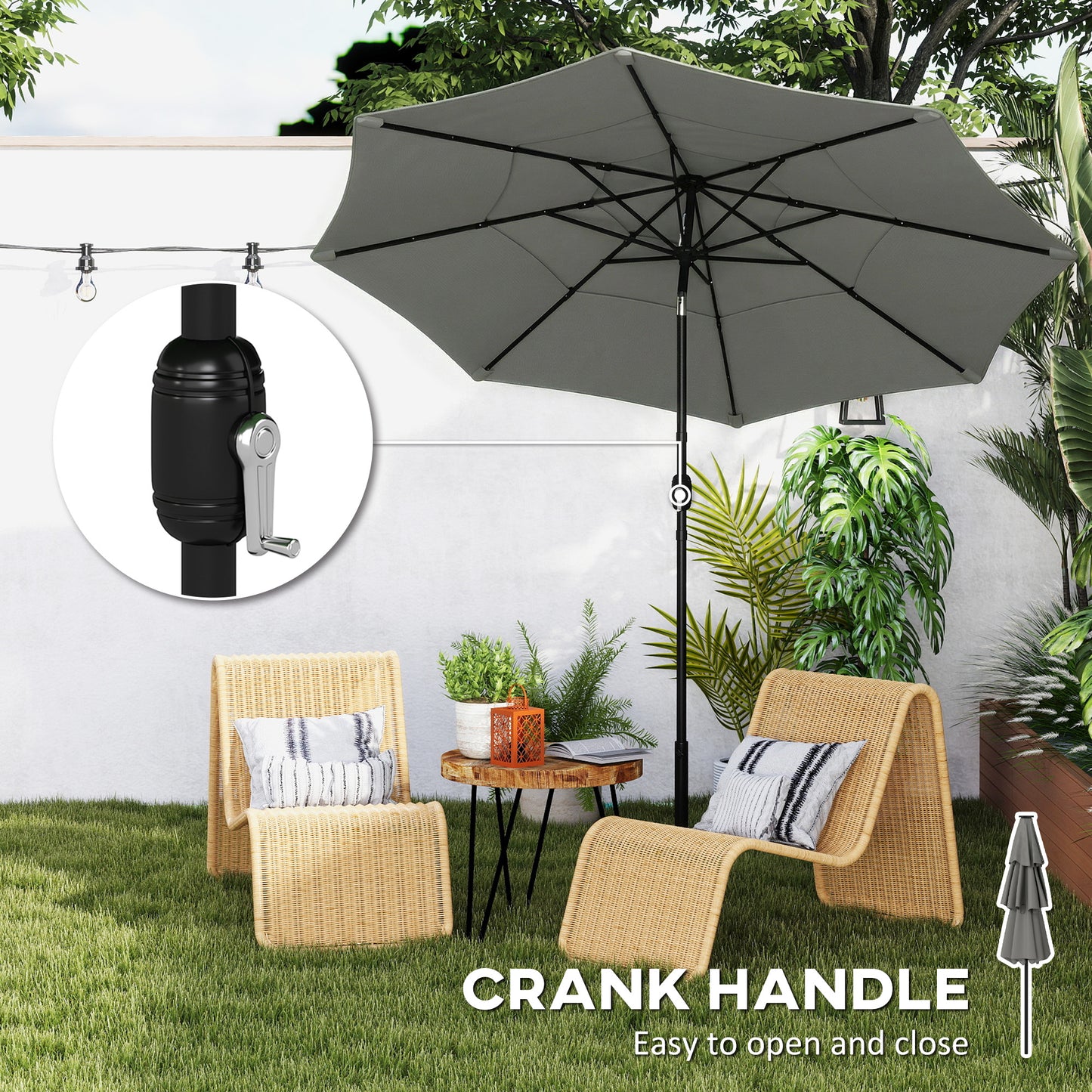 Garden Parasol, Parasol Umbrella with 3-tier Roof, Crank Handle, Tilt Function, Polyester Canopy, Grey