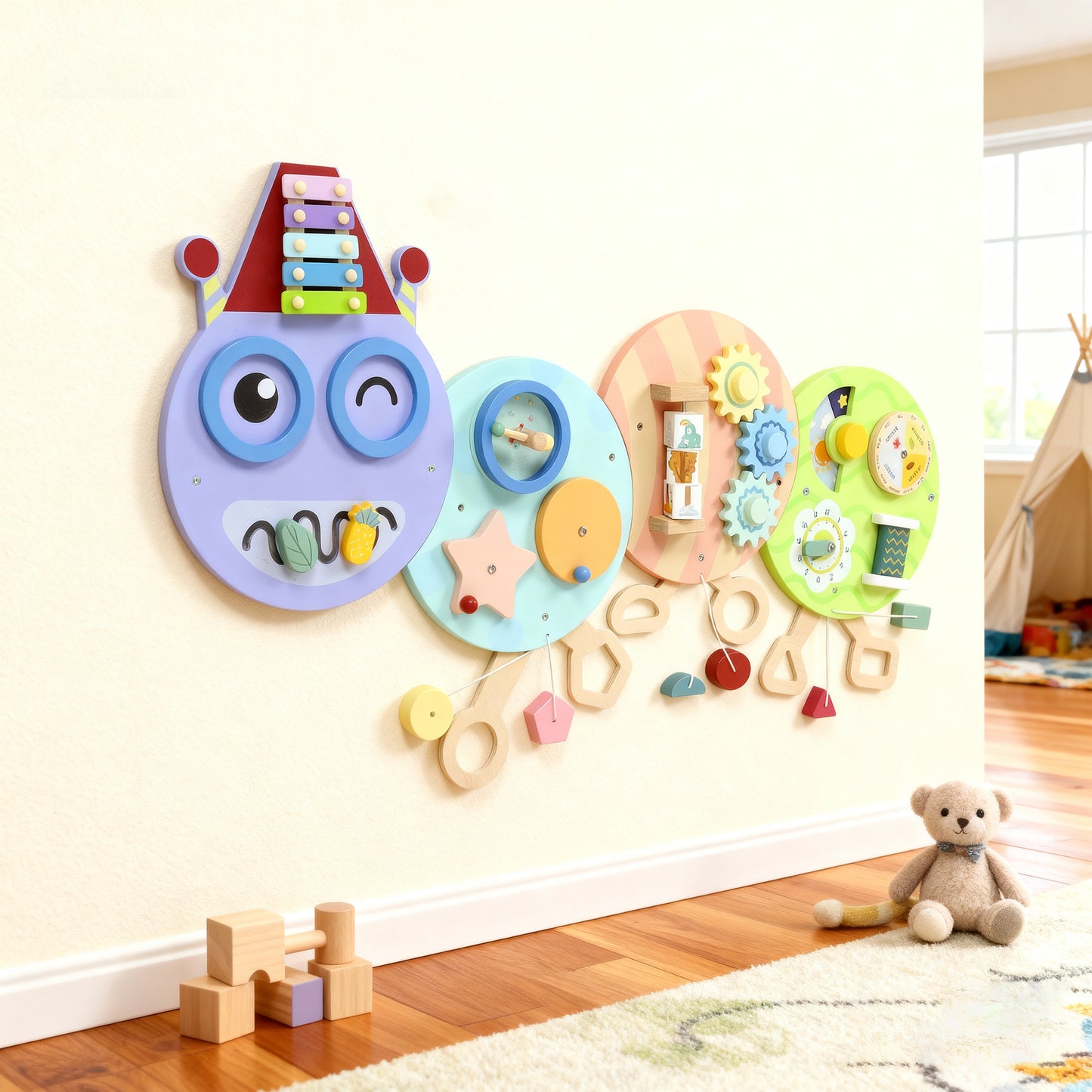 Caterpillar Busy Board with 7 Activities, for Nursery, Playroom, Home, for 3+ Years