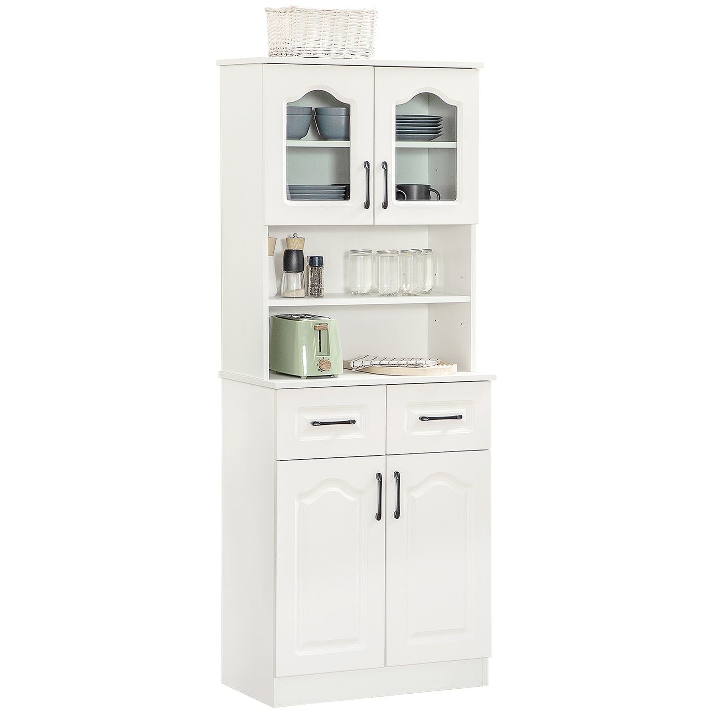 Kitchen Cupboard, Freestanding Storage Cabinet with 2 Adjustable Shelves, 2 Drawers and Open Counter for Living Room