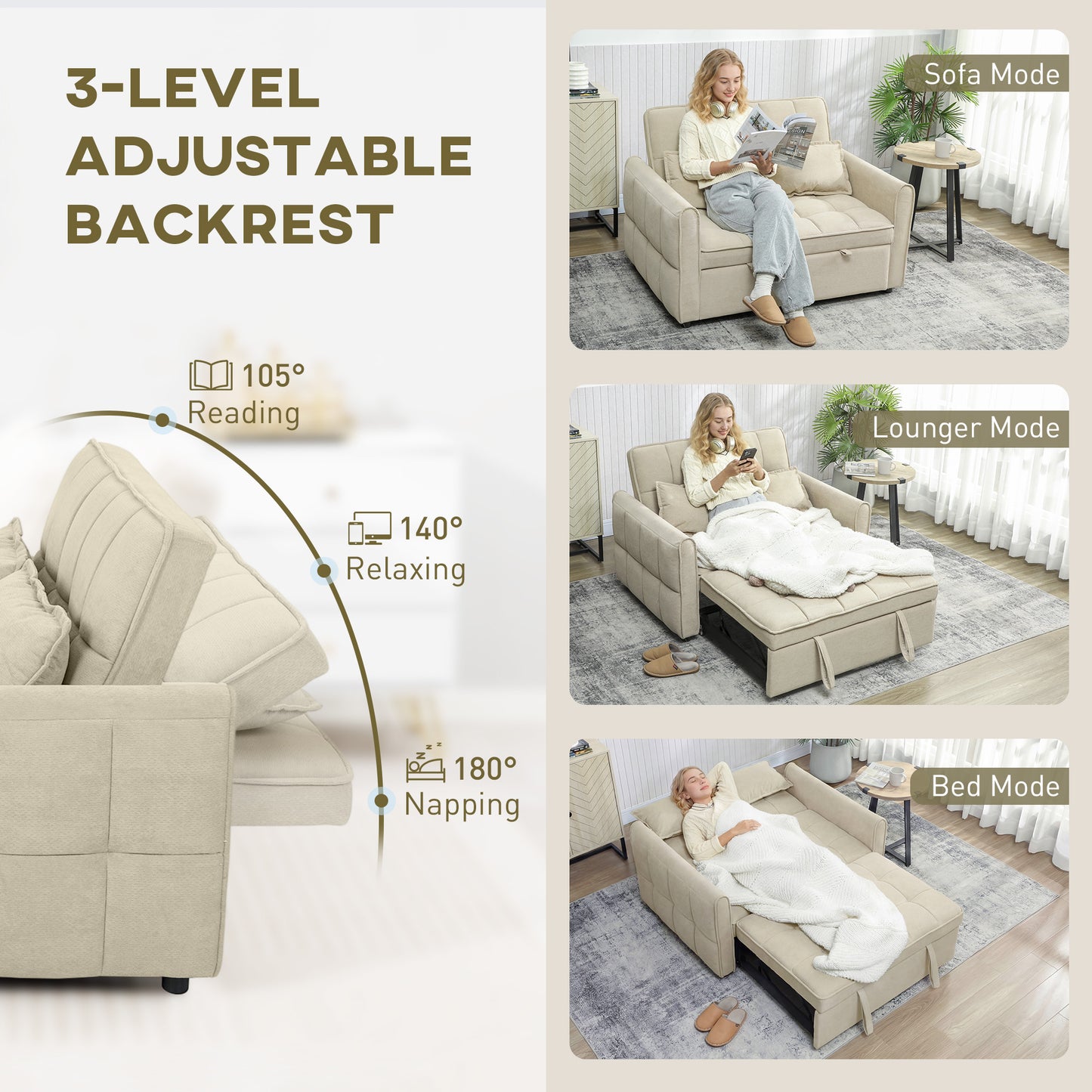 2 Seater Sofa Bed, 3-in-1 Convertible Sleeper Sofa with Click-clack Adjustable Backrest and 2 Pillows, Light Brown