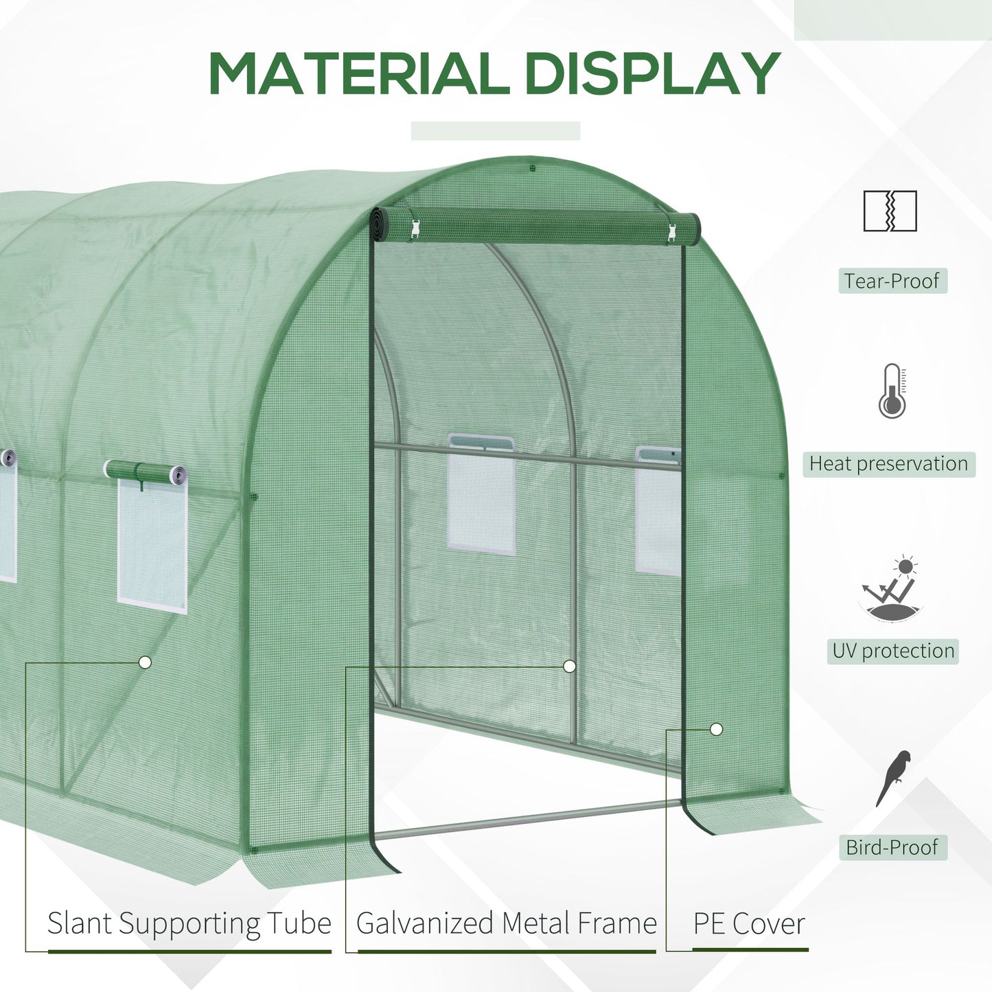 Walk-in Polytunnel Greenhouse, Outdoor Garden Tunnel Greenhouse Tent with Zipped Roll-Up Door and 6 Mesh Windows, 3 x 2M