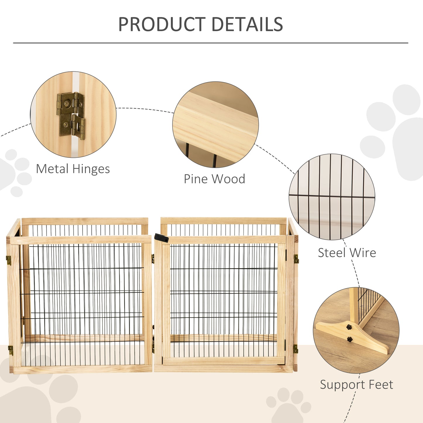 Wooden Pet Gate, Freestanding Dog Security Barrier with Two Support Feet - Natural Tone