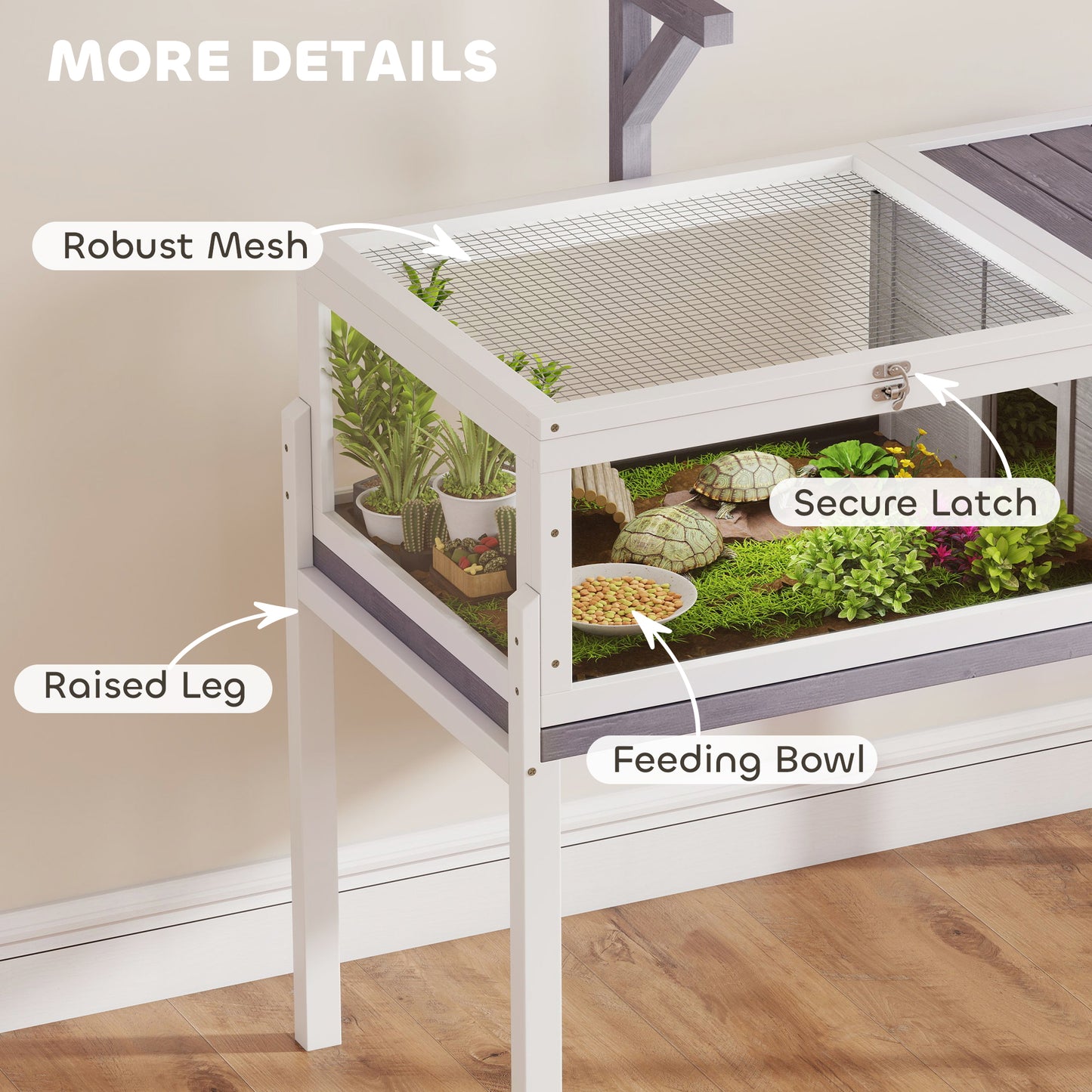 Wooden Tortoise House with Dual-Zone Habitat, Clear Panels, Openable Top, Metal Mesh, for Tortoises and Small Pets, Grey