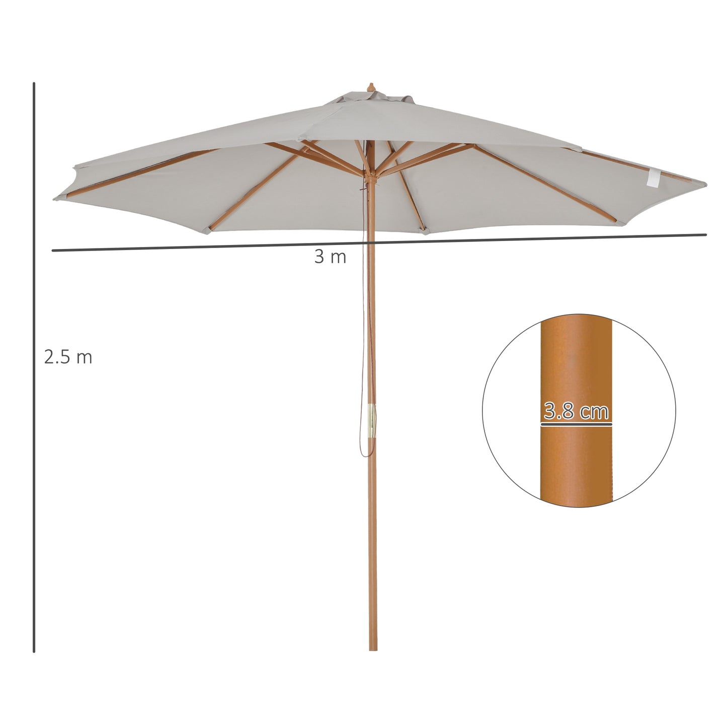 3(m) Garden Parasol, Pulley Operated Patio Umbrella, Wooden Table Market Umbrella with Rope Pulley Mechanism and 8 Ribs, Grey