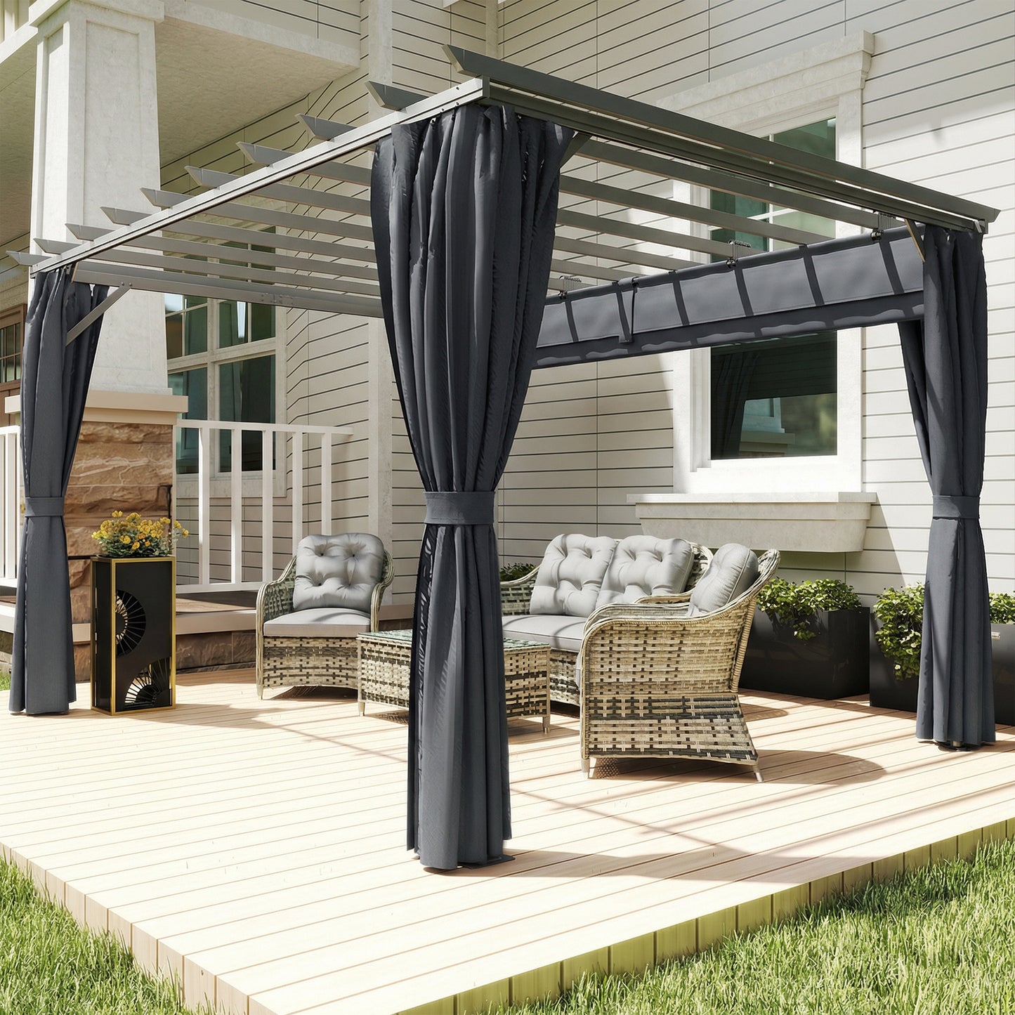 3.6 x 3 m Pergola with Retractable Roof Canopy, Curtains, Aluminium Garden Pergola Gazebo Sun Shade Shelter, Dark Grey