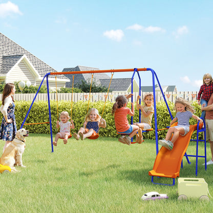 Four-In-One Metal Garden Swing Set, with Double Swings, Glider, Slider, Ladder - Orange and Blue