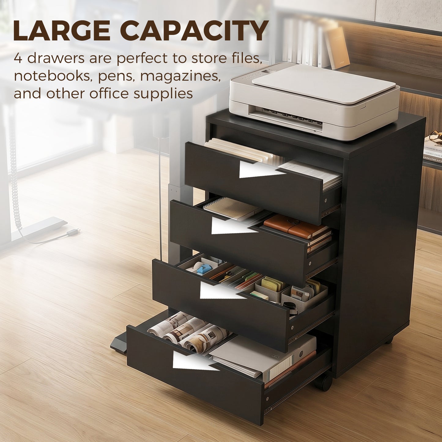 Four-Drawer Office Filing Cabinet, with Wheels - Black