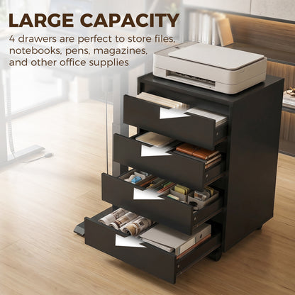 Four-Drawer Office Filing Cabinet, with Wheels - Black