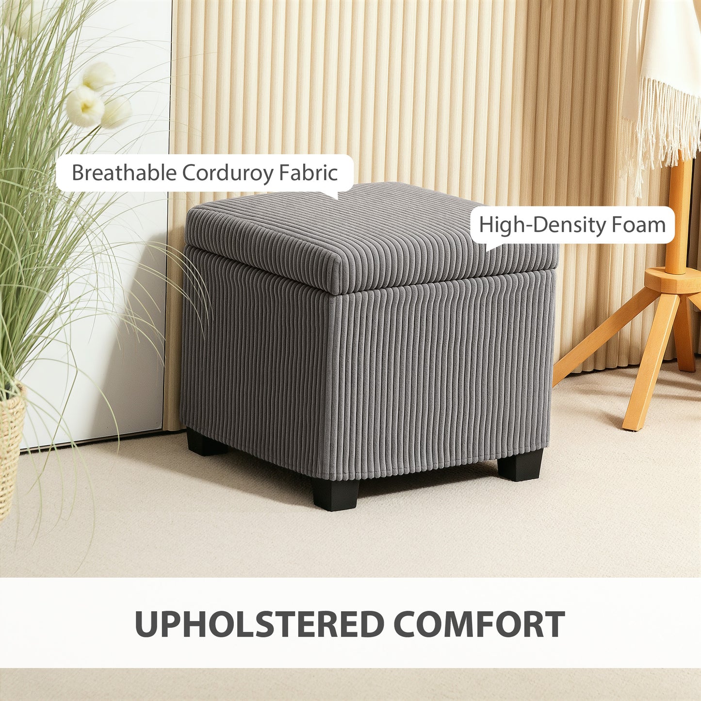 Storage Ottoman Bench, Corduroy Storage Chest Box with Wooden Legs, 40cm Bed End Bench for Living Room, Bedroom, Entryway