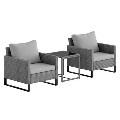 3 Pieces Rattan Bistro Set with 4 Cushions, Wicker Garden Furniture Set, Glass Top Coffee Table and Chairs for Outdoor Patio
