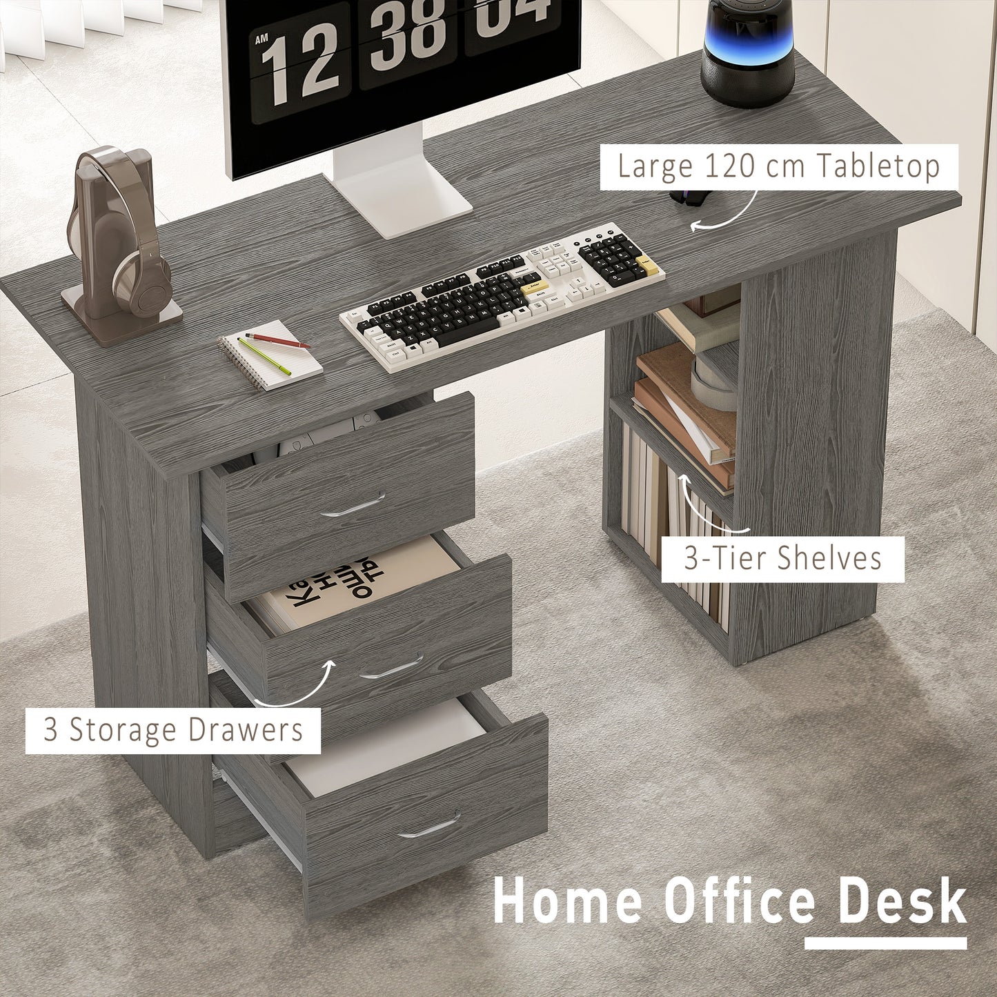 Computer Desk with Drawers, Home Office Desk, Writing Table, PC Workstation with 3 Storage Shelves for Working, Study