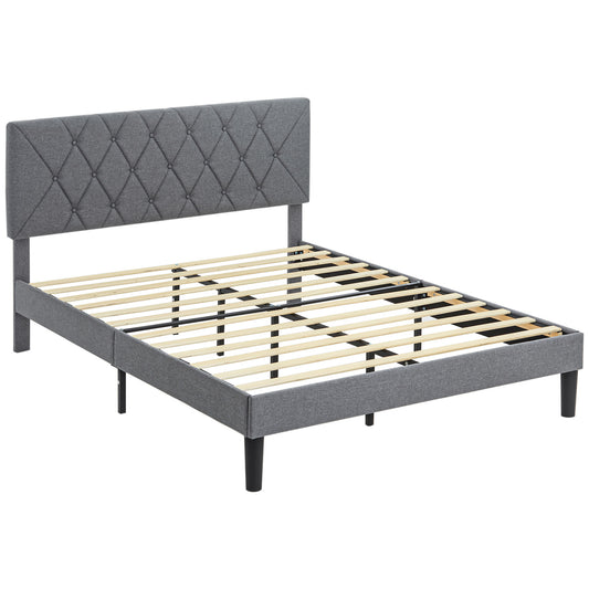 Double Bed Frame with 5-Level Adjustable Linen Upholstered Headboard 145W x 196D x 120Hcm, Grey