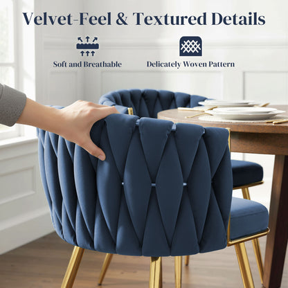Velvet-Feel Dining Chairs Set of 2, Modern Upholstered Armchair with Knot Design and Golden Metal Legs