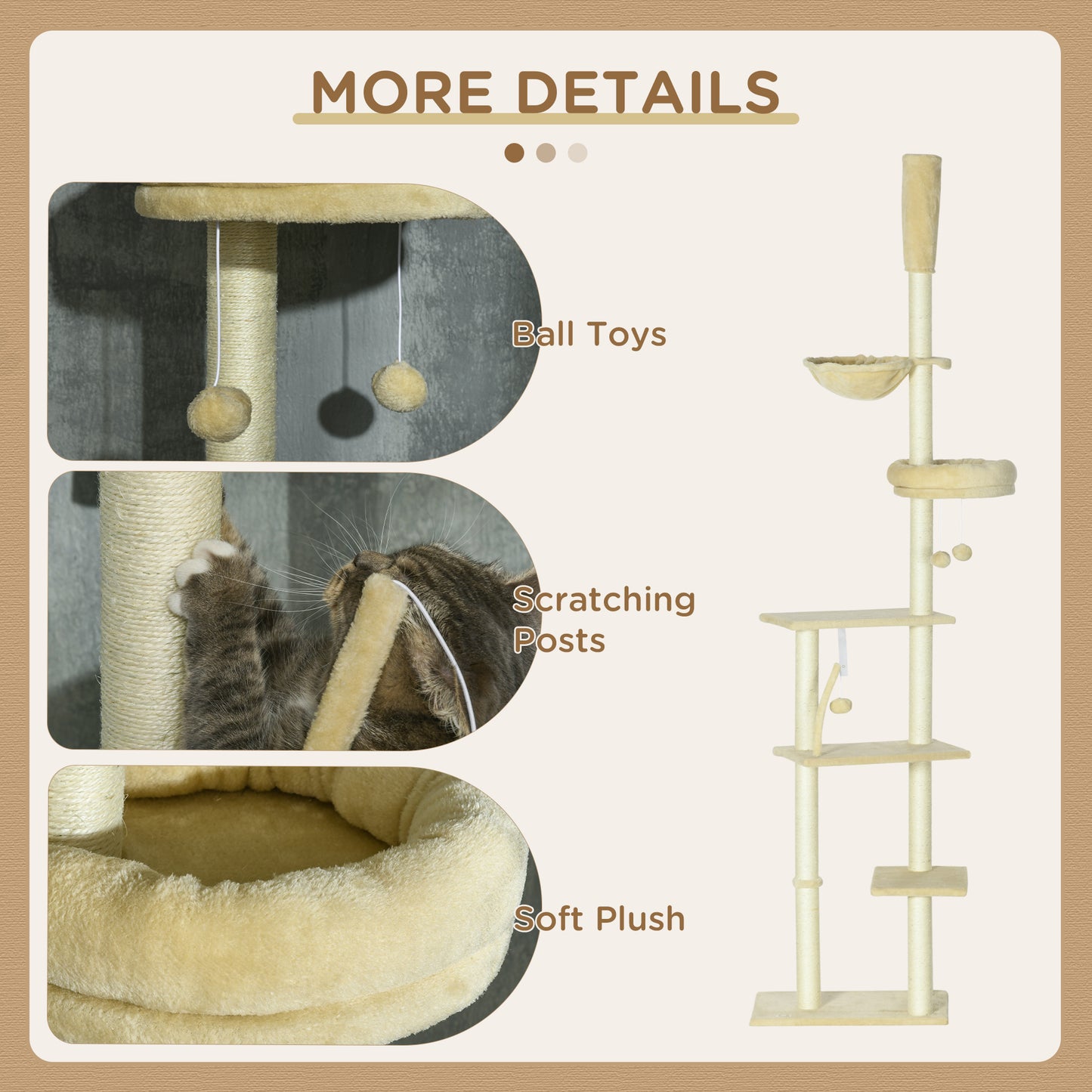 230-250cm Floor-to-Ceiling Climbing Cat Tree Tower - Beige