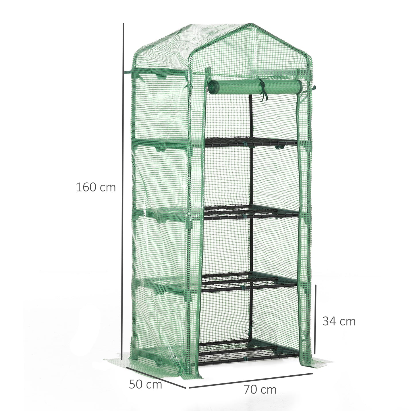 4 Tier Mini Greenhouse, Portable Compact Green House with Steel Frame, PE Cover, Roll-up Door, 70 x 50 x 160 cm, Green