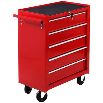5 Drawer Tool Box on Wheels, Lockable Steel Tool Cabinet with Side Handle, Red