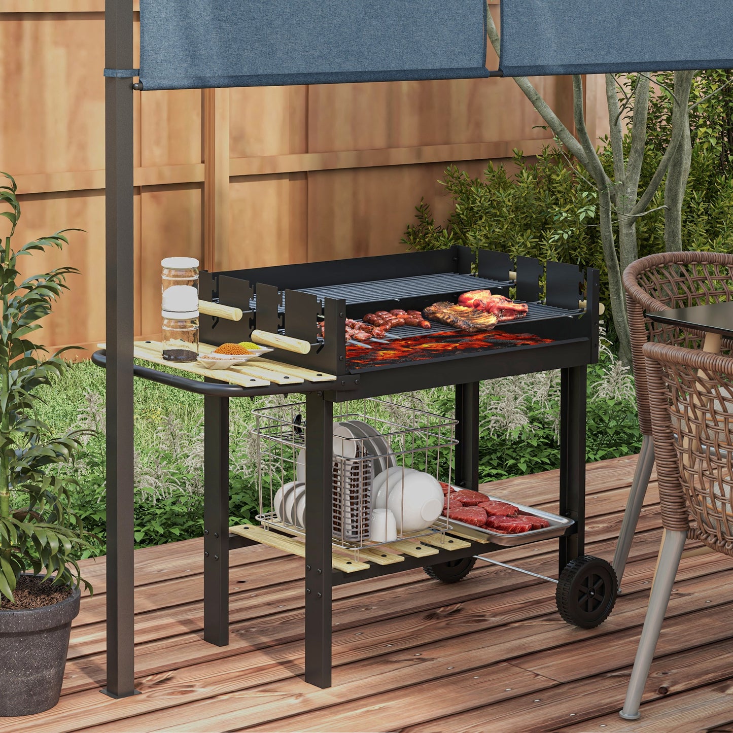 Charcoal BBQ Grill, Barbecue Trolley with Double Adjustable Grill, Side Table