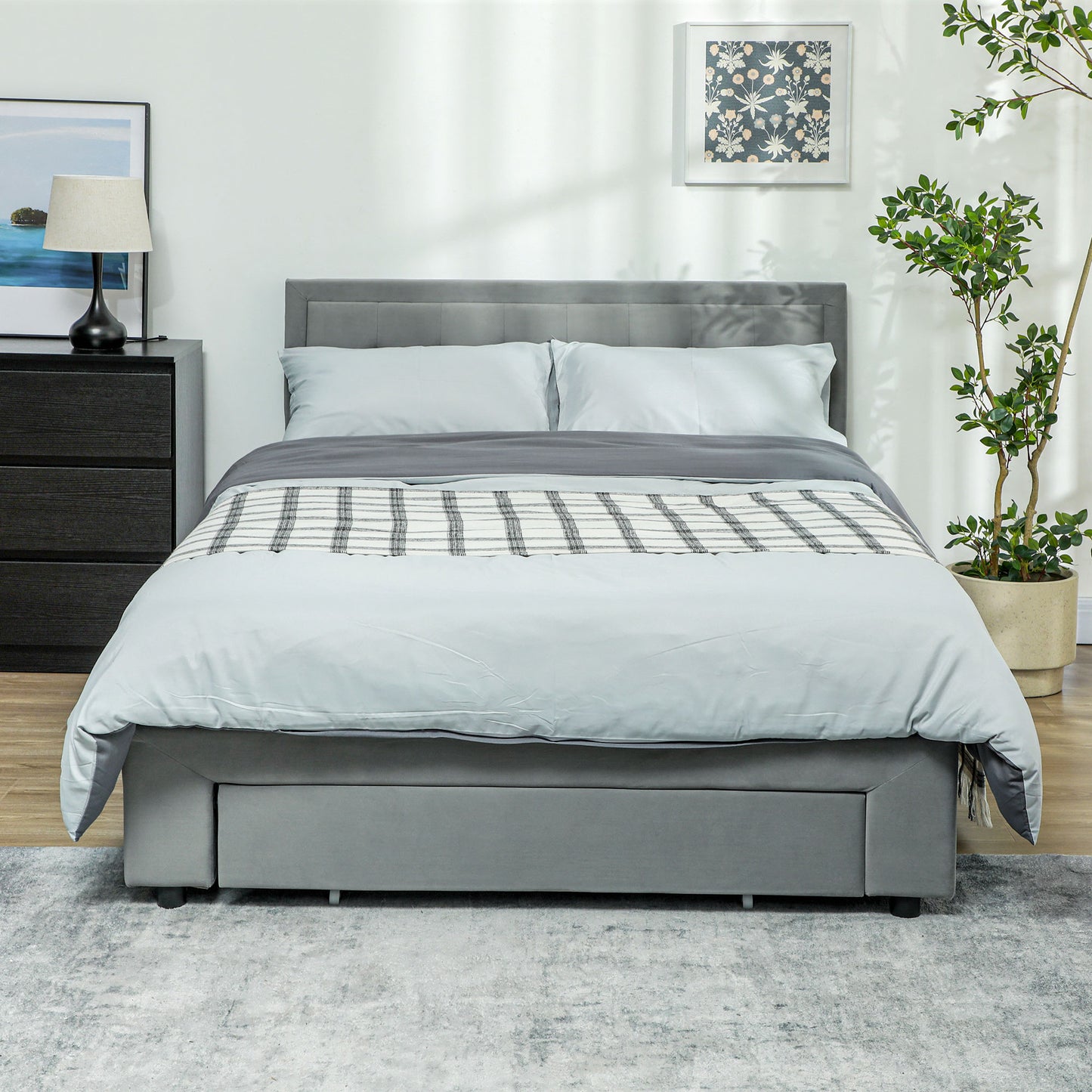 Double Size Ottoman Bed Frame 140W x 193.5D x 95Hcm with Front Drawer - Grey
