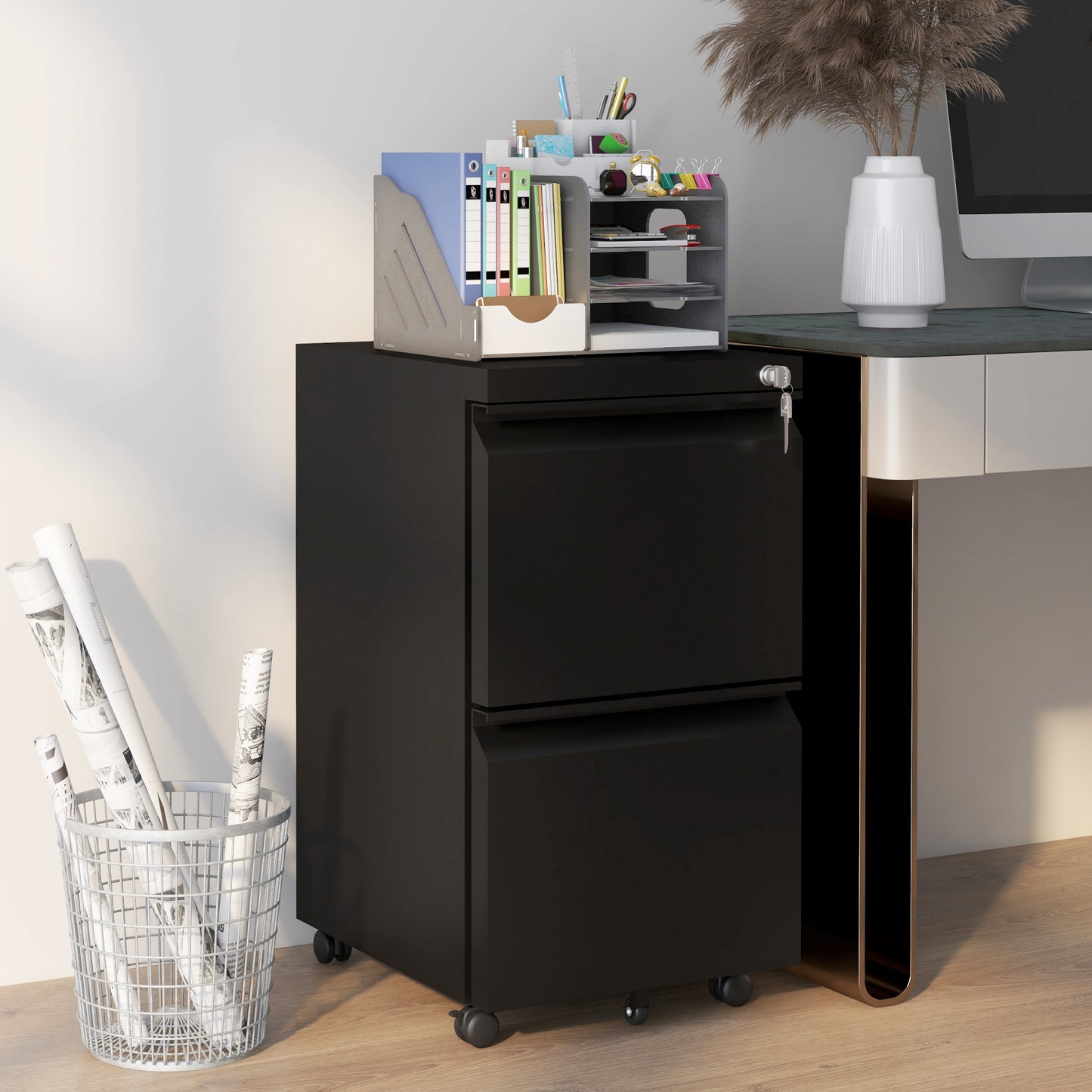 2-Drawer Mobile Filing Cabinet, Metal Lockable File Cabinet for Letter, A4 and Legal Size, Pre-Assembled Body, Black