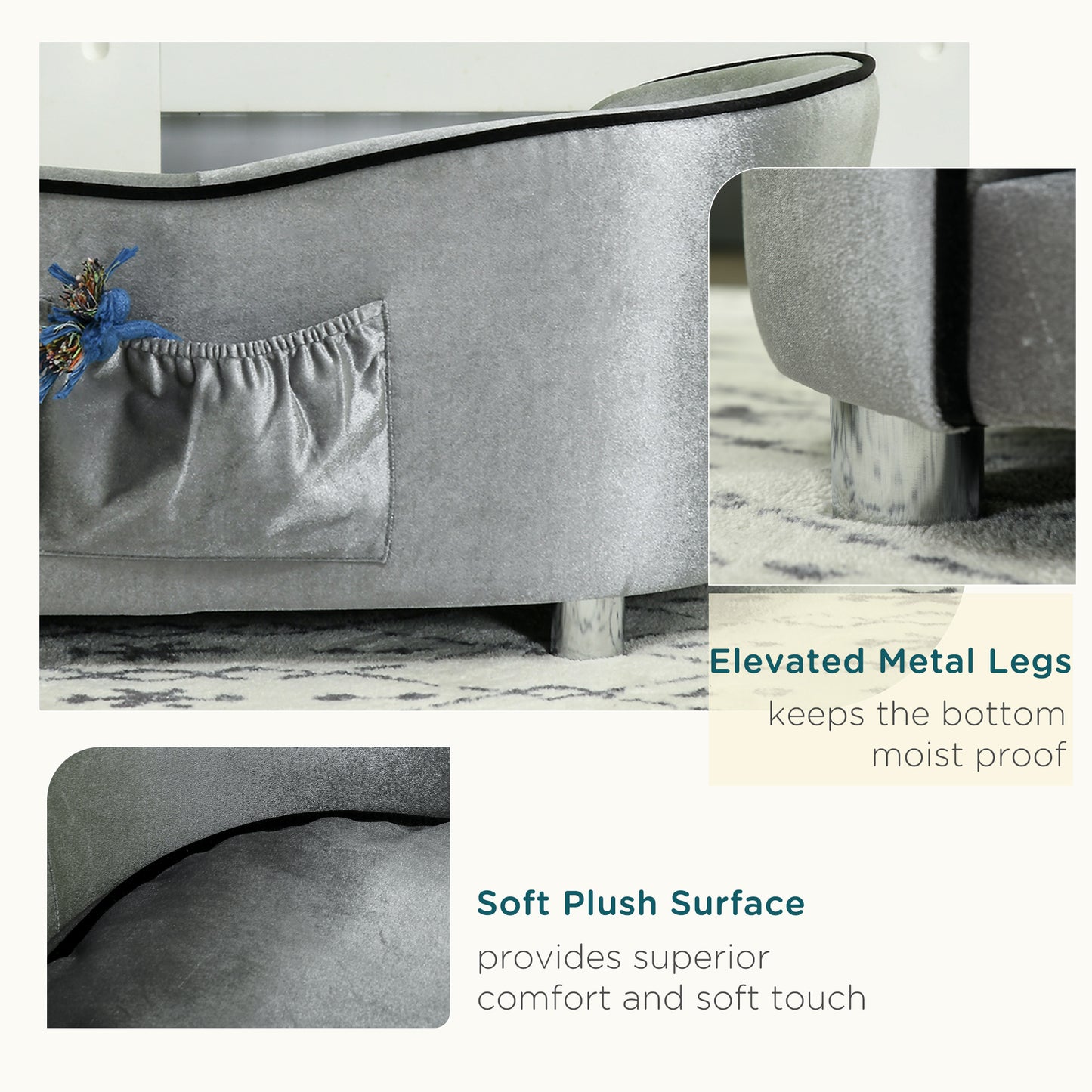 Dog Sofa Pet Chair, Kitten Bed Couch w/ Wooden Frame, Removable Cushion - Silver-Tone and Grey