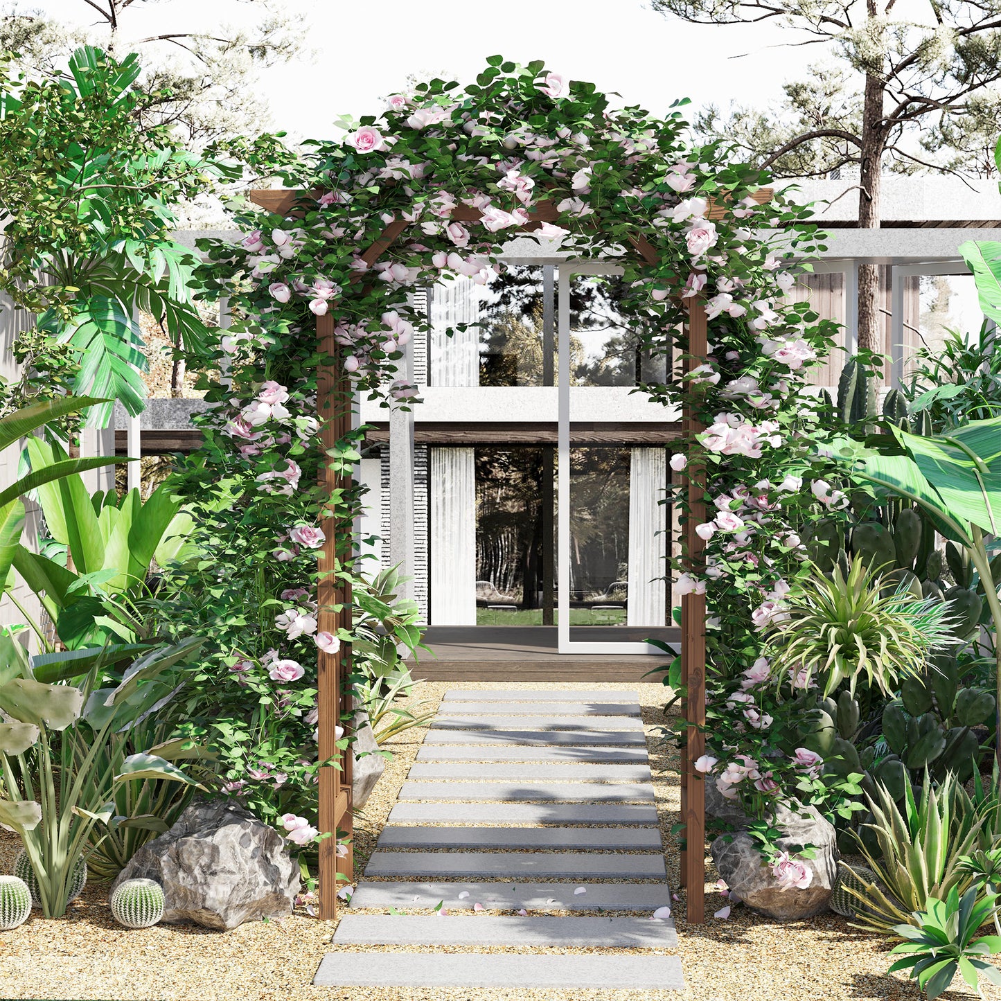 Wooden Garden Arbor, Arch Trellis with Classic Countryside Style, Pergola Style Roof for Climbing Vines