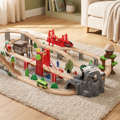 100 Piece Wooden Train Set for Kids 3+ Years with Track, Crane, Battery Operated Train