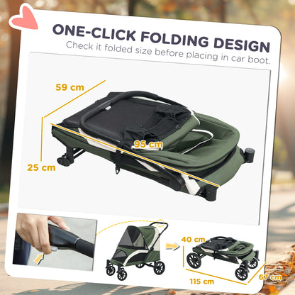 Foldable Pet Stroller for Medium Dogs with Four Big Wheels, Shock-Absorbing Frame, Safety Leashes, Brakes, Dark Green
