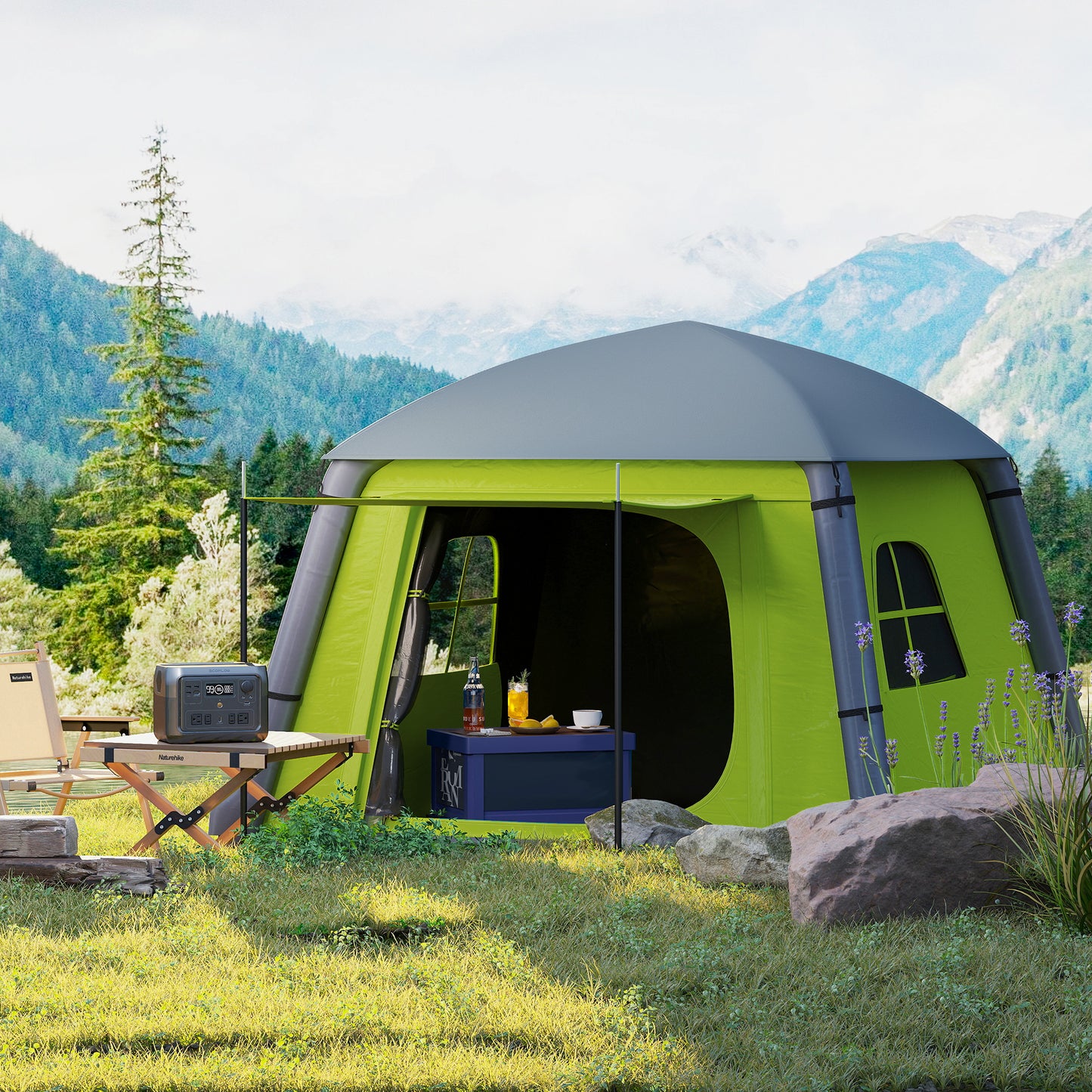 Inflatable Camping Tent w/ Hand Pump, Easy Setup 1/2 Person Blow Up Tent Waterproof 190T Taffeta w/ Mesh Windows